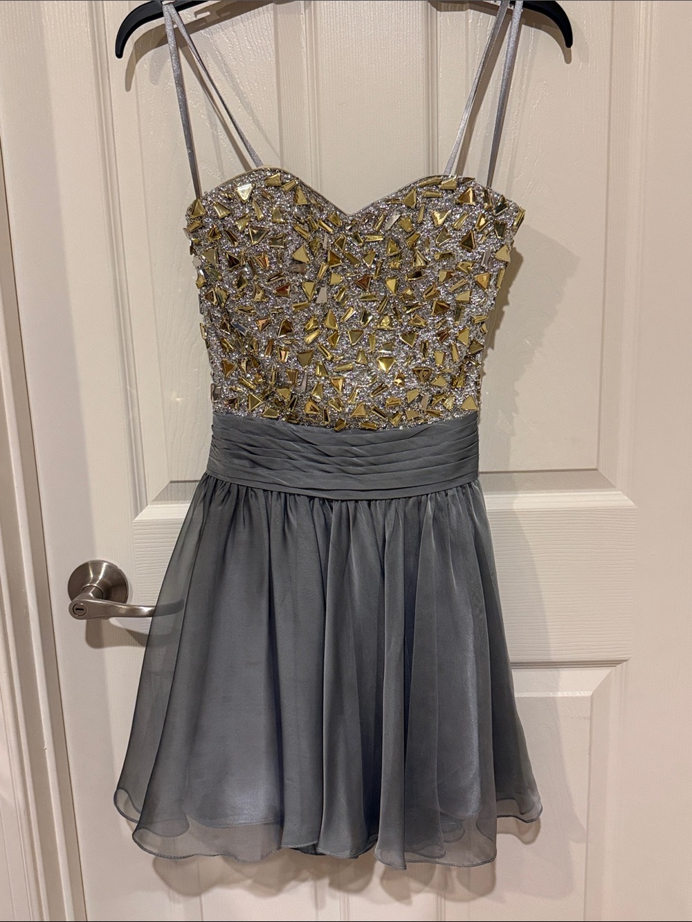 La Femme Grey Chiffon Mini Dress with Gold Beaded Bodice